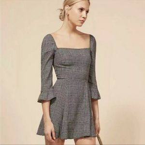 Reformation Julian Mini Dress Plaid 0 Black White Cocktail Casual Long Sleeve